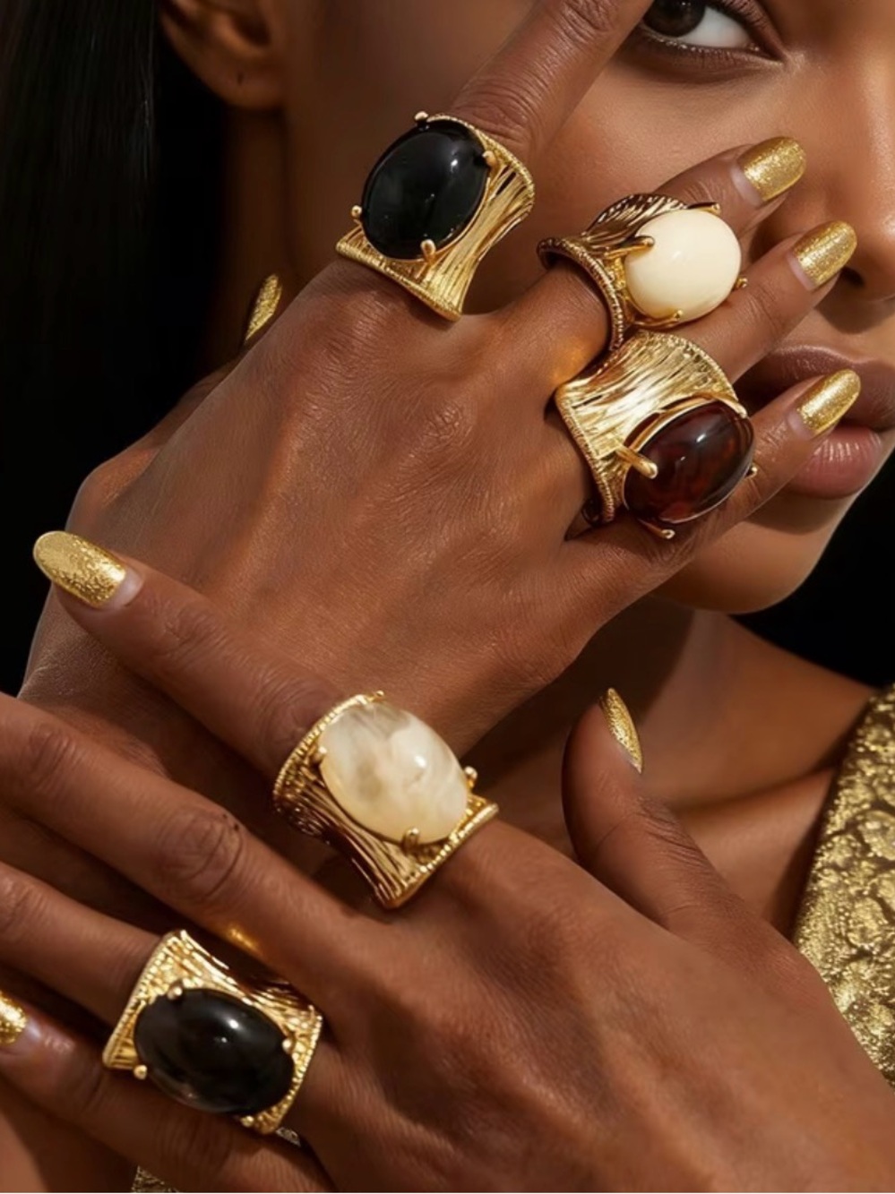 Gold-Tone Statement Ring with, Cream Stones
